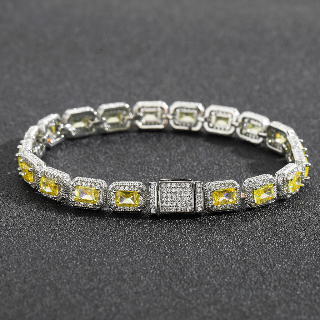8mm Yellow Moissanite Square Rock Candy Chain Hip-Hop Bracelet T Square Moissanite Niche Trendy Mens Hip-Hop Jewelry moissanite