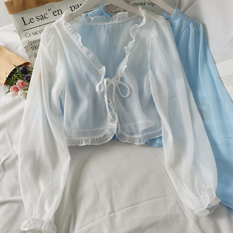K897 Short bow tie ruffled small shawl for women 2024 summer loose long sleeve versatile sunscreen shirt