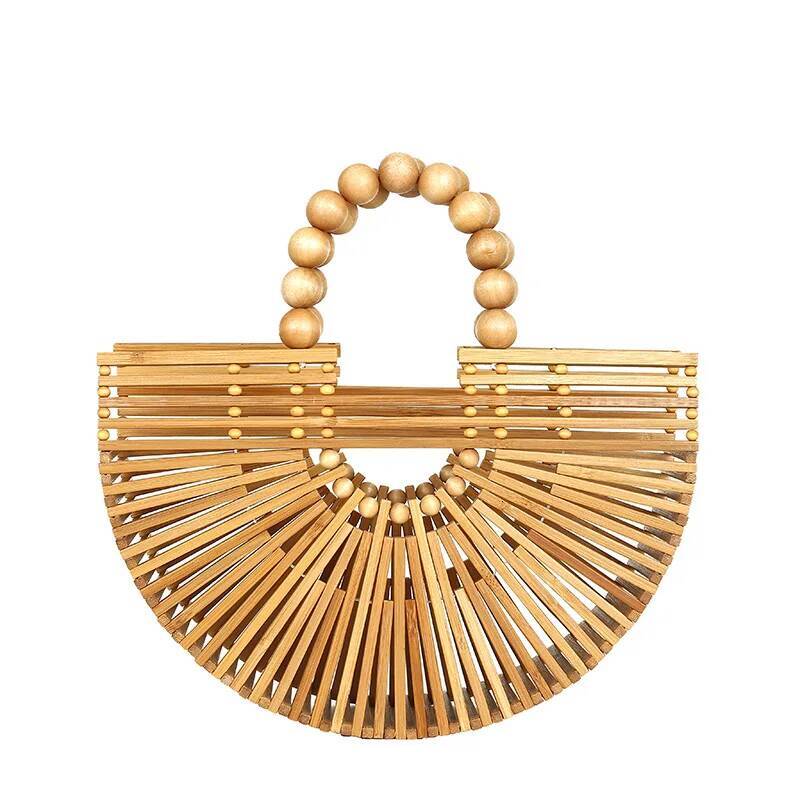 2025 new hand woven handbag, handheld beach bag, hollow semi-circular bamboo woven bag, designer fashion vacation bag 3