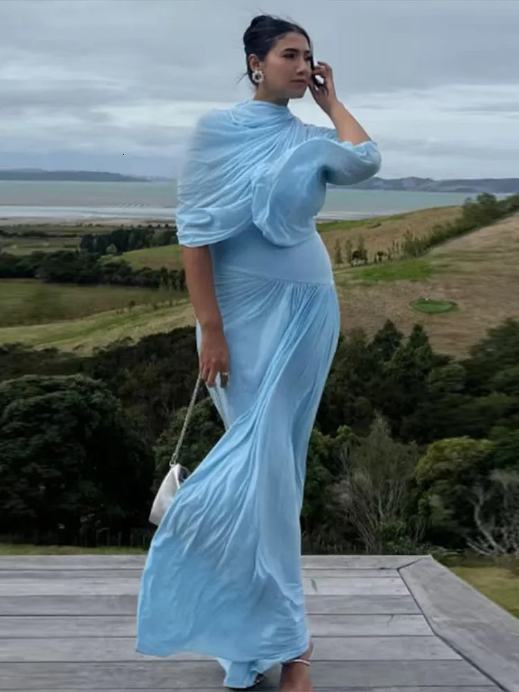Elegant Shawl Pleated Long Dress Women Asymmetrical Hallow Out Slim Solid Long Dresses Summer Lady Evening Light Blue Gown 250526