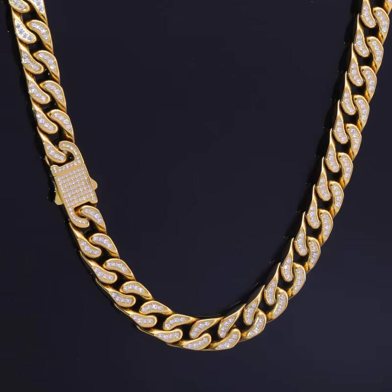 Hip hop gold curb men's necklace stainless steel chilled pearl cz Cuban chain birthday gift
