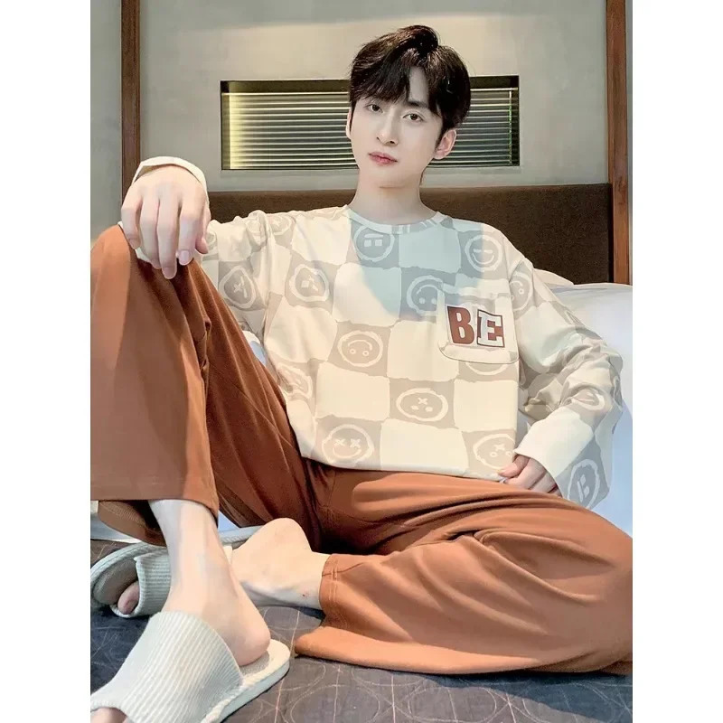 Plus Size Men Pajamas Set Spring and Summer Plaid Solid Color Youth Sleepwear Homewear Tops Pants Nightwear Loungewear 250526