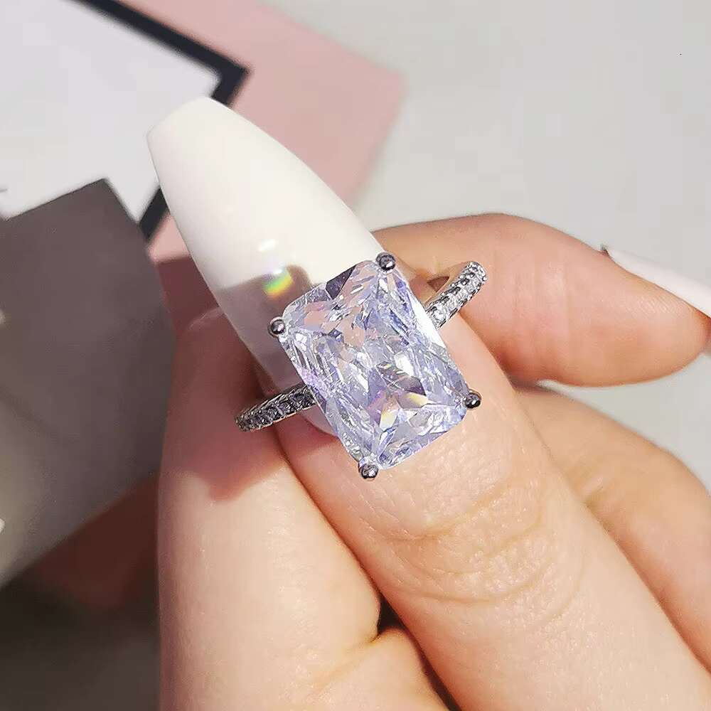 Womens 18k Gold Square Moissanite Ring Baguette-shaped 18K Diamond Set Trendy Rhodium Wedding Engagement Anniversary Party Gift