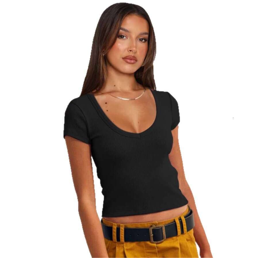 New Solid Color Slim Fit Cropped Sleeve Top Summer Short T-Shirt V-Neck Ribbed Knit Women's Clothing