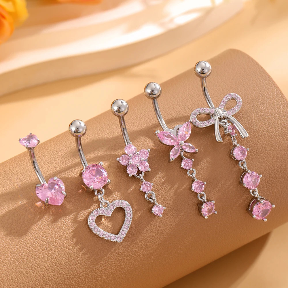5pcs Pink Series Butterfly-Bow Belly Button Ring Sets 14G Curved Navel Piercings Nombril Women Heart Flower Zircon Belly Rings 250530