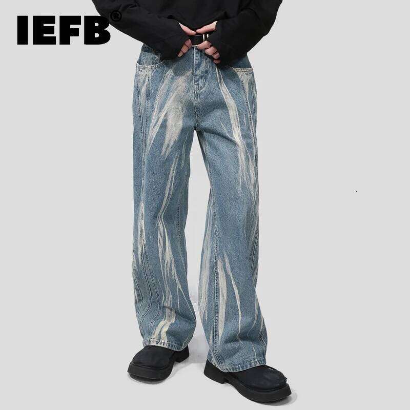 IEFB Korean Style Men's Denim Pants Tie Dye Washing New Contrast Color Casual Trousers Wide Leg Loose Male Jeans Summer 9W2482