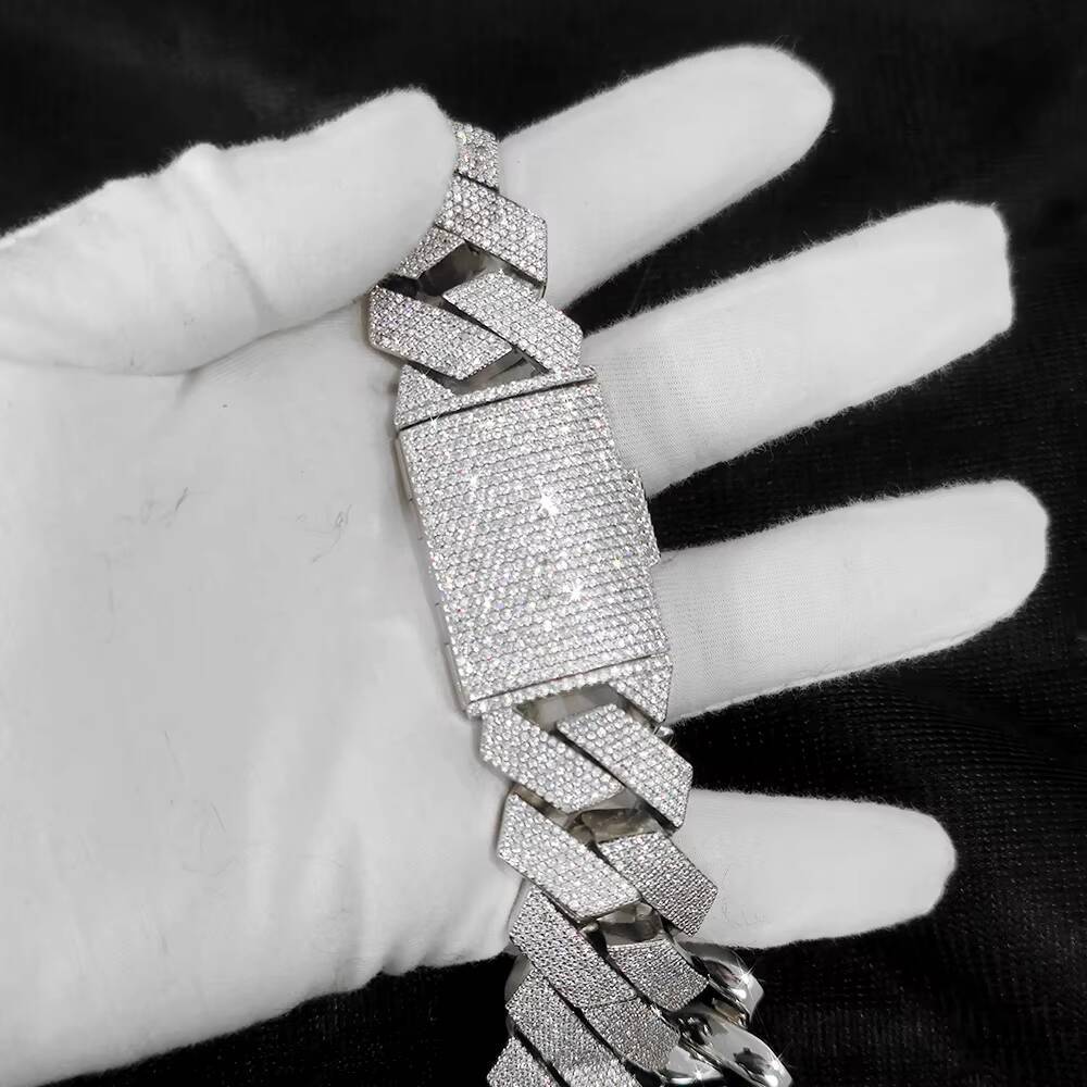 Fine Jewelry 25mm Brass Ice Fork Sier Plated 6-Row Cuban Chain Women's Hip Hop Necklace