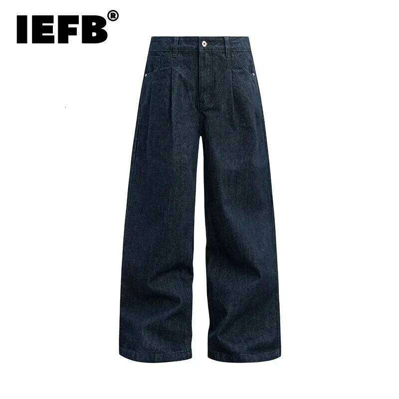 IEFB American Style Wide Leg Men's Jeans Trendy Loose Floor Silhouette Straight Denim Pants Solid Color Male Trousers 9W2260