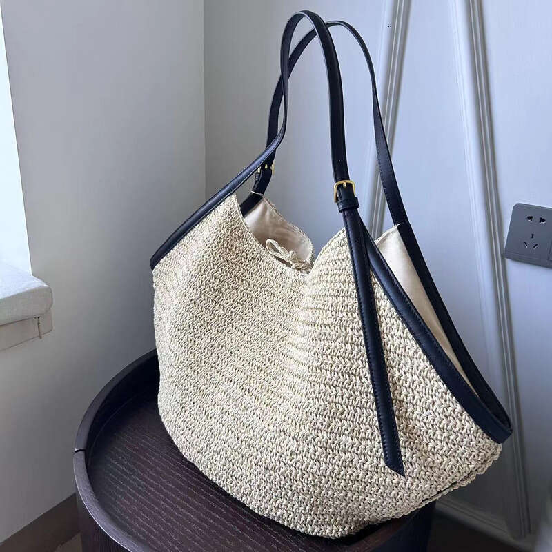 Straw Beach Tote New Top Layer Cowhide Patchwork Raffia Tote Large Capacity Handwoven Genuine Leather Straw Bag Crossbody Bag