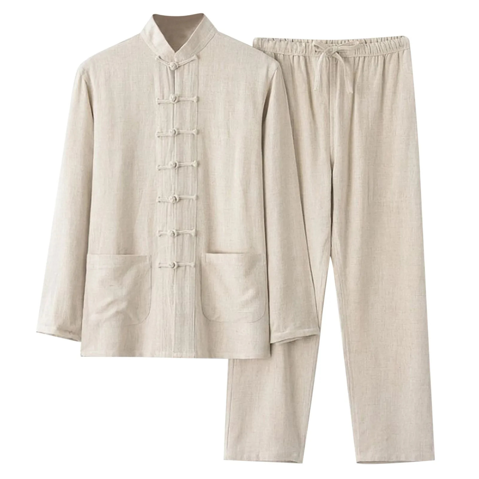 Autumn Winter Mens Chinese Style 2 Piece Pajama Set Cotton And Linen Shirt Pant Men Sleepwear Clothes Tai Chi Tang Suit 250526