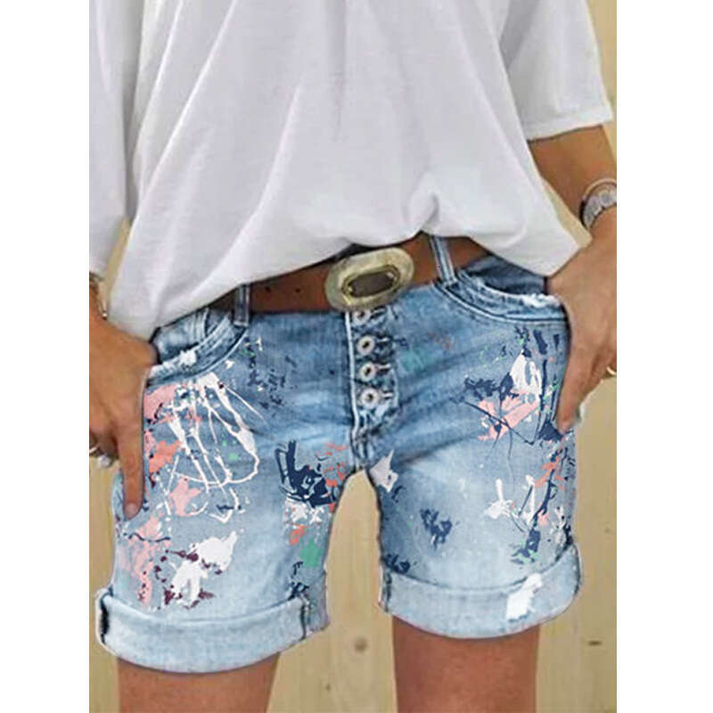 Denim Shorts Jeans Shorts Women S Denim Shorts Button Up Slim Fit Hot Half Length Printed Versatile Stretch Casual Pants Ripped Short Jeans