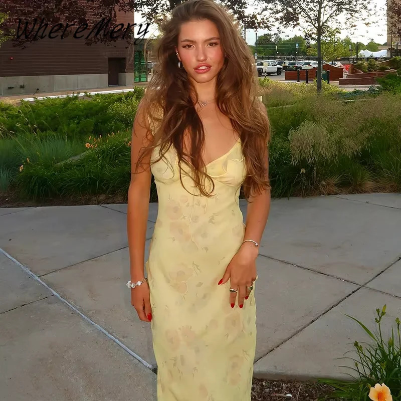 WhereMery Fashion Women Floral Printed Maxi Dresses Sexy Lady Off Shoulder Backless Ruffle Halter Dress Elegant Summer Dresses 250529