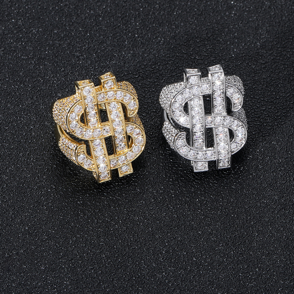 Hip hop jewelry full Moissanite ring hollowed out dollar symbol hip hop trendsetter personality mens ring moissanite