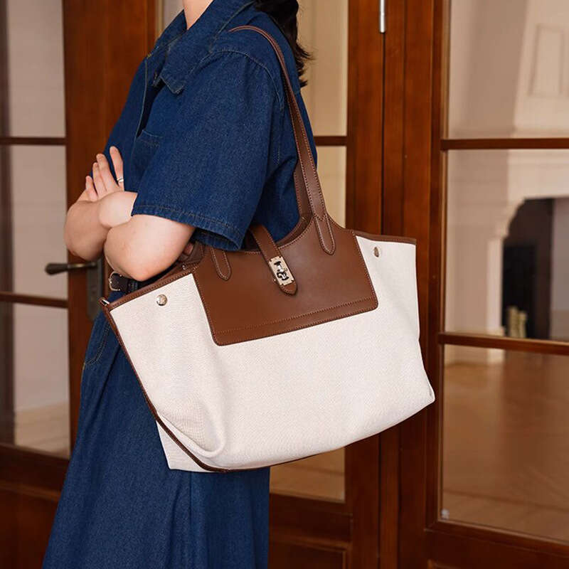 Canvas and Patchwork Tote Korean Pila Spring Summer New Genuine Leather Shoulder Underarm Large Capacity Women s Bag