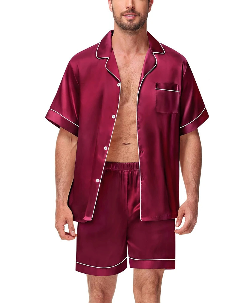 Mens Satin Pajama Set Solid Color Short Sleeve Lapel Top And Elastic Shorts Comfortable Fit Summer Loungewear Sleepwear 250526
