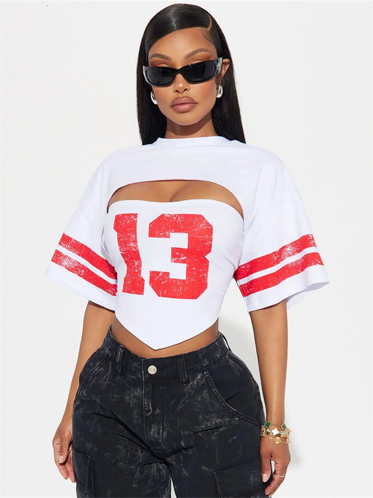 Designer T Shirt Autumn New Cross Border Casual Loose Sports Style Printed Tube Top Hot Girl Pullover Short Sleeve Top T Shirt For Women Essentials Su