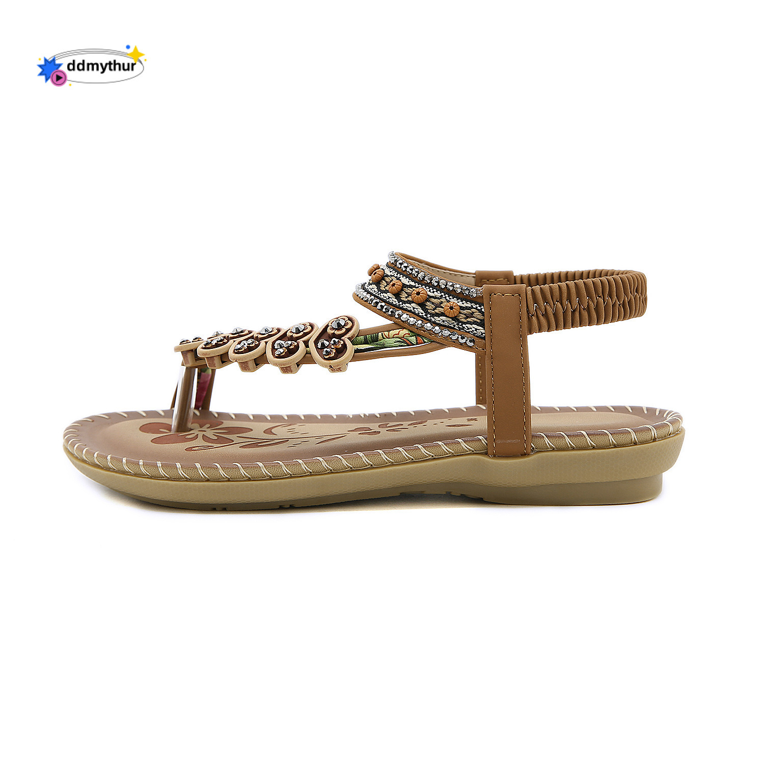 2024 Summer Rhinestone Bohemian Style Women's Ethnic Large Size Slip-On Flat Sandals ddmythur