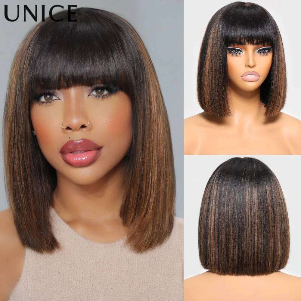 UNICE Yaki Straight Bob With Bangs Balayage Highlight Glueless Wigs Human Hair Ready To Wear 4x2 Lace Wig 150%