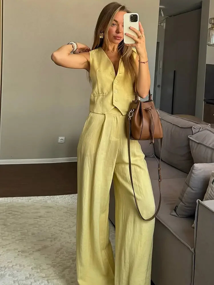 Fashion Womens Vest Trouser Suits Sleeveless Button Wide Leg Pant Lady Set 2025 Spring Summer Casual 2 Pieces Set Women 250530