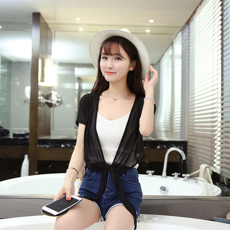 K905 2025 Summer Thin Jacket Short Sleeve Small Waistcoat Chiffon Small Outerwear Women's Short Shawl Air Conditioning Striped Shirt