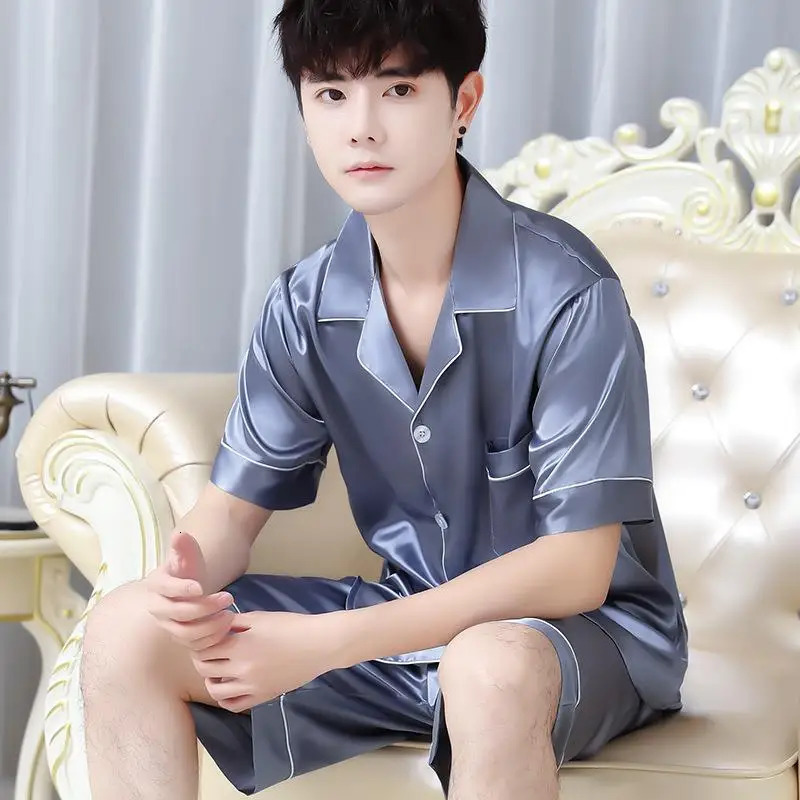 Summer Mens Ice Silk Pajamas Homewear Suit Thin ShortSleeved Shorts Loose Large Size Youth Fashion Leisure 250526