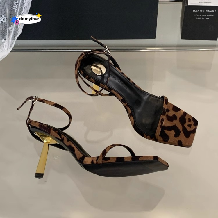 2025 Summer New Black Patent Leather One-Strap Square High Heels Women's Stiletto Sandals Versatile Gold Heel Open Toe ddmythur