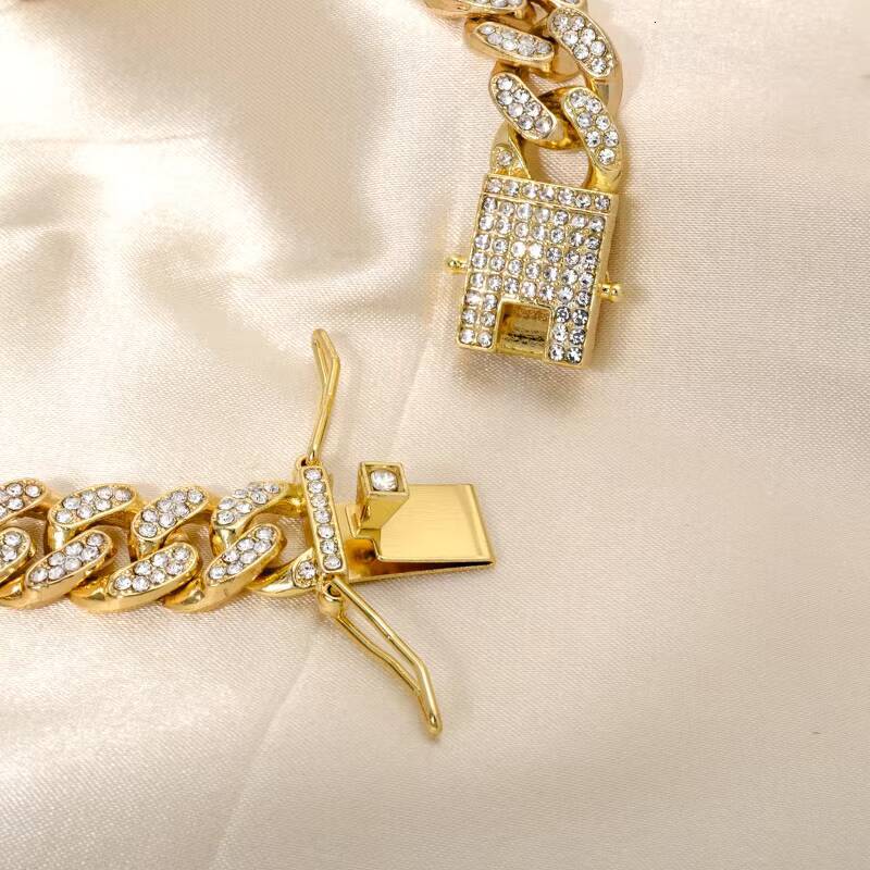 Hip hop Jewelry Plated Iced CZ Pin Necklace Cuban Chain 12mm White Gold Sier Fashion