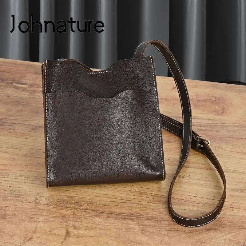 Johnature Simple Solid Color Genuine Leather Women Bag New Natural Soft Cowhide Vintage Versatile Shoulder & Crossbody Bags
