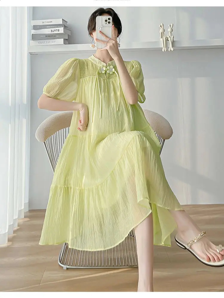 Korean Style Loose Maternity Chinese Cheongsam Puff Sleeve Sweeet Pregnant Women Chiffon Dress Pregnancy Soft and Light Clothes 250530