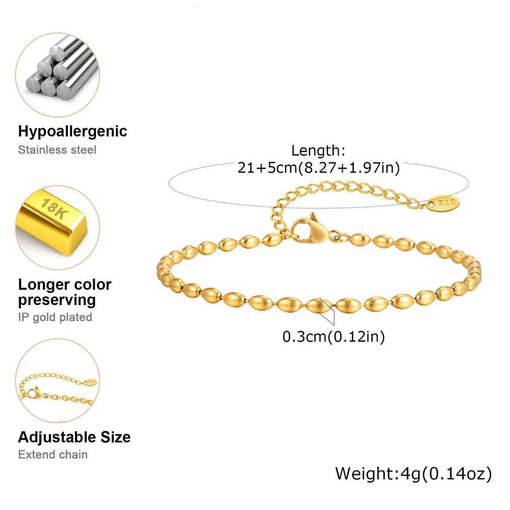 Beaed Ball Bracelet For Women, Waterproof Adjustable Link, 3Mm 5Mm Stainless Steel Stackable Gold Plated Anklet Jewelry