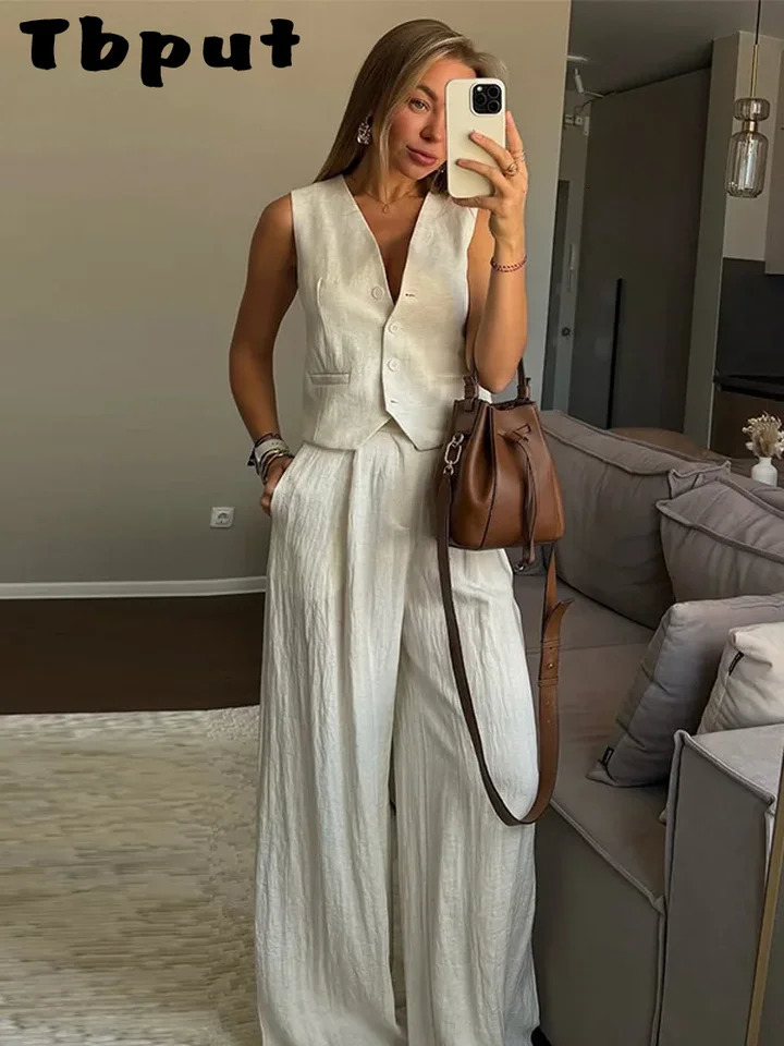 Fashion Womens Vest Trouser Suits Sleeveless Button Wide Leg Pant Lady Set 2025 Spring Summer Casual 2 Pieces Set Women 250530