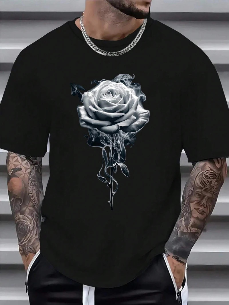 Rose Floral Graphic Cotton T-shirt Men Fashion Big Size Top Casual Short Sleeve Streetwear Classic Print Tee S-4XL 250530