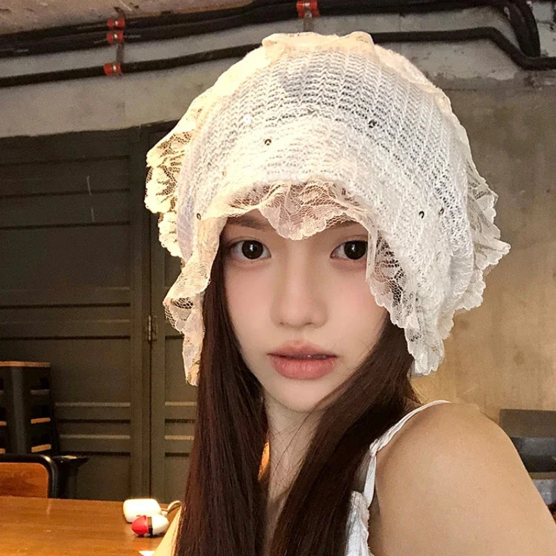 Korean Lace Hollow Pullover Hat Spring and Summer Sweet Versatile Breathable Thin Big Head Skull Beanie Cap for Womens 250530