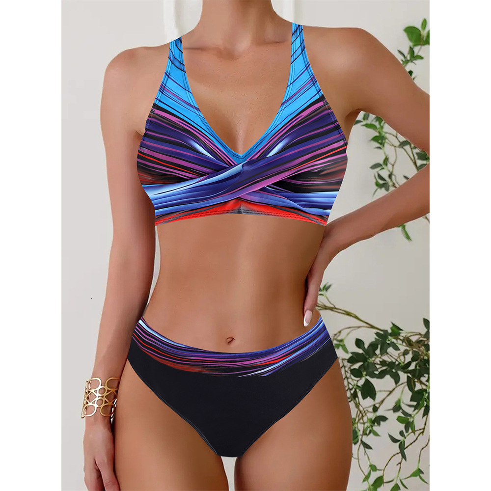 Outdoor Summer Beach Sexy Womenfree Shipping 2025 New Designer Shoes 2025 New Women's Split Striped Plus Size Bikini Sexy High Waisted Swimsuit F
