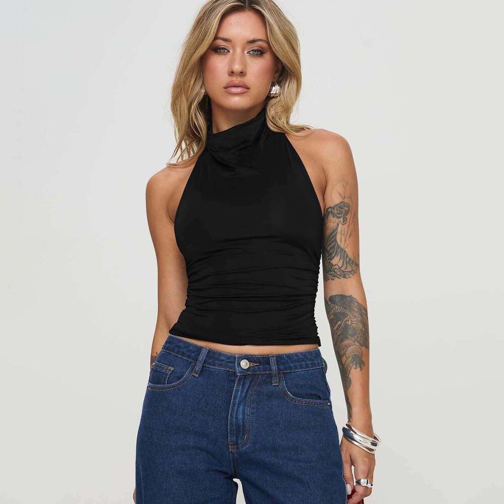 2025 Backless Solid Color Tank Y2K Half High Neck Ruched Halter Women's Sleeveless Top