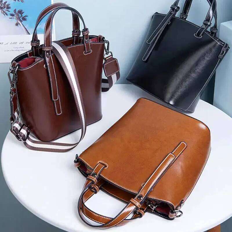 Genuine Leather Women's Bucket Vintage Cowhide Shoulder Bags High Quality Women Handbags Fashion Crossbody Bag 599