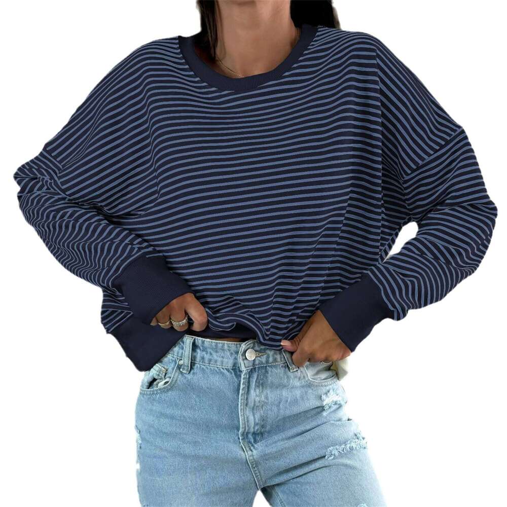 Women's Sweatshirt Early Autumn 2025 New American Style Loose Design Striped Top Round Neck Pullover Long Sleeve T-Shirt Trend