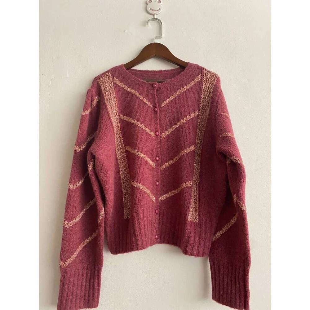Women 2024 Early Autumn New Mohair Round Neck Single-Breasted Loose Knitted Cardigan