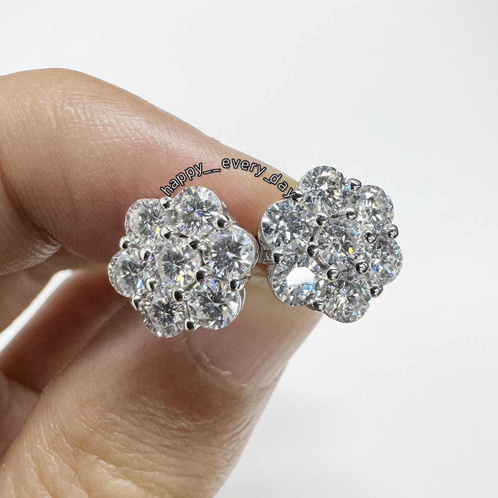 Luxury Cluster Flower S925 VVS Moissanite Earrings Men Hiphop 925 Sterling Silver Moissanite Stud Earrings with GRA Certificate