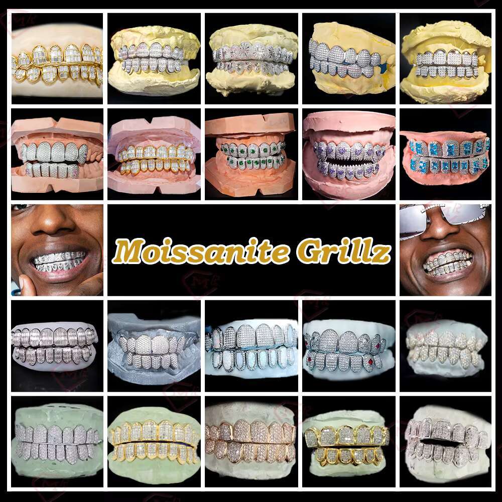 Hiphop Iced Out Grillz for Teeth 18k Gold Plated Jumbo 2mm Stone Deep Cut Vvs Moissanite Grillz Custom