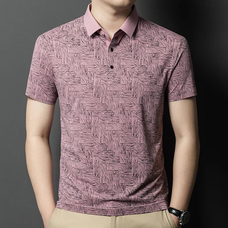 Ice Silk Short-sleeved T-shirt for Men with Lapel Print Summer Thin Casual Short-sleeved Polo Shirt for Men 250526
