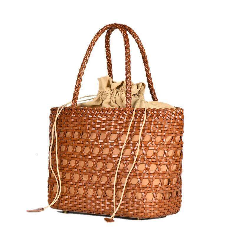 2025 Summer New Handmade Woven Genuine Leather Hollow Vegetable Basket Handbag Ins Fashion Women's Bag