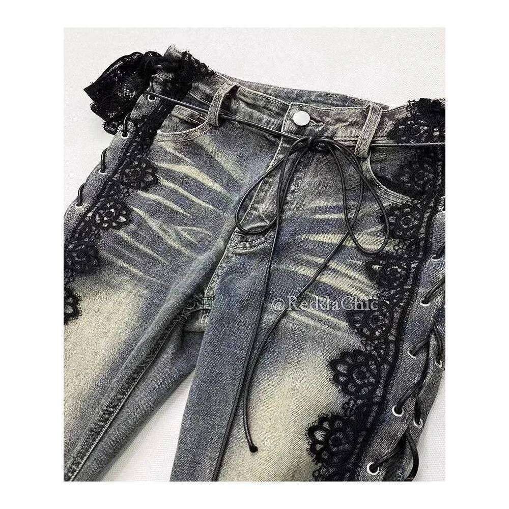 Reddachic Eyelets Up Flare Jeans Retro Lace Whiskers Slim Low Rise Split Bootcut Pants Women Bell Bottoms Streetwear