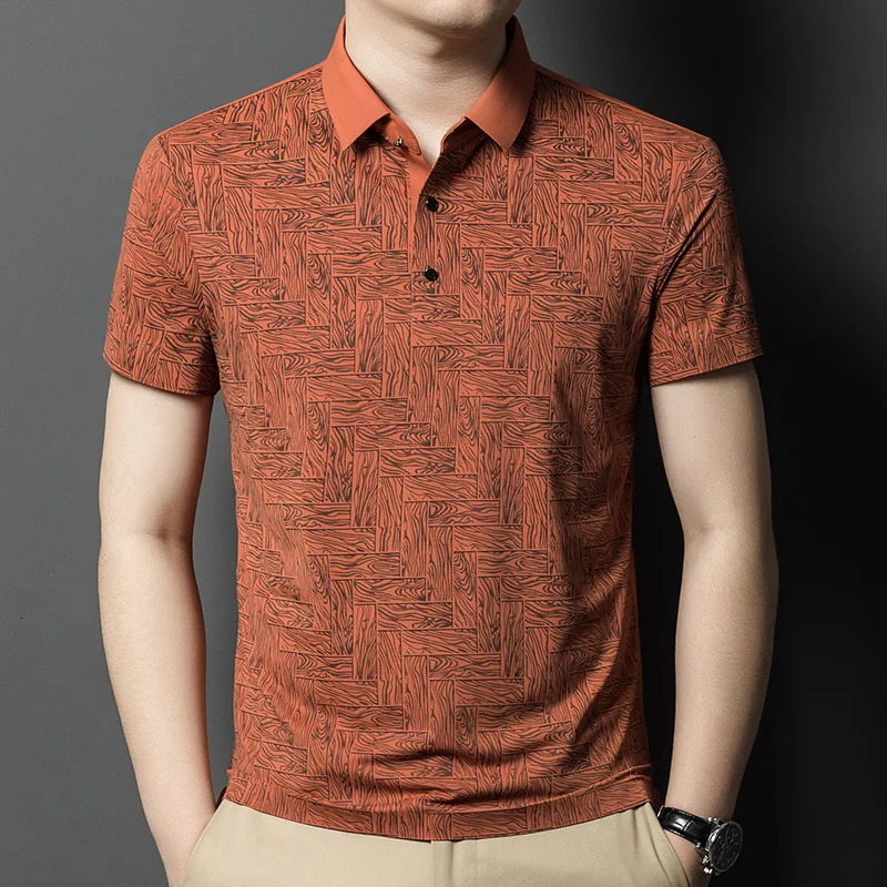 Ice Silk Short-sleeved T-shirt for Men with Lapel Print Summer Thin Casual Short-sleeved Polo Shirt for Men 250526