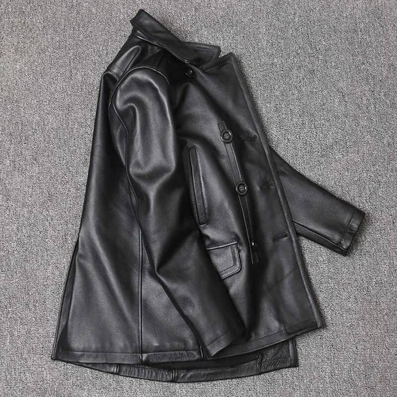 Genuine Leather Top Layer Cowhide Mid-Length Men's Lapel Windbreaker Slim-Fit Jacket Double-Breasted
