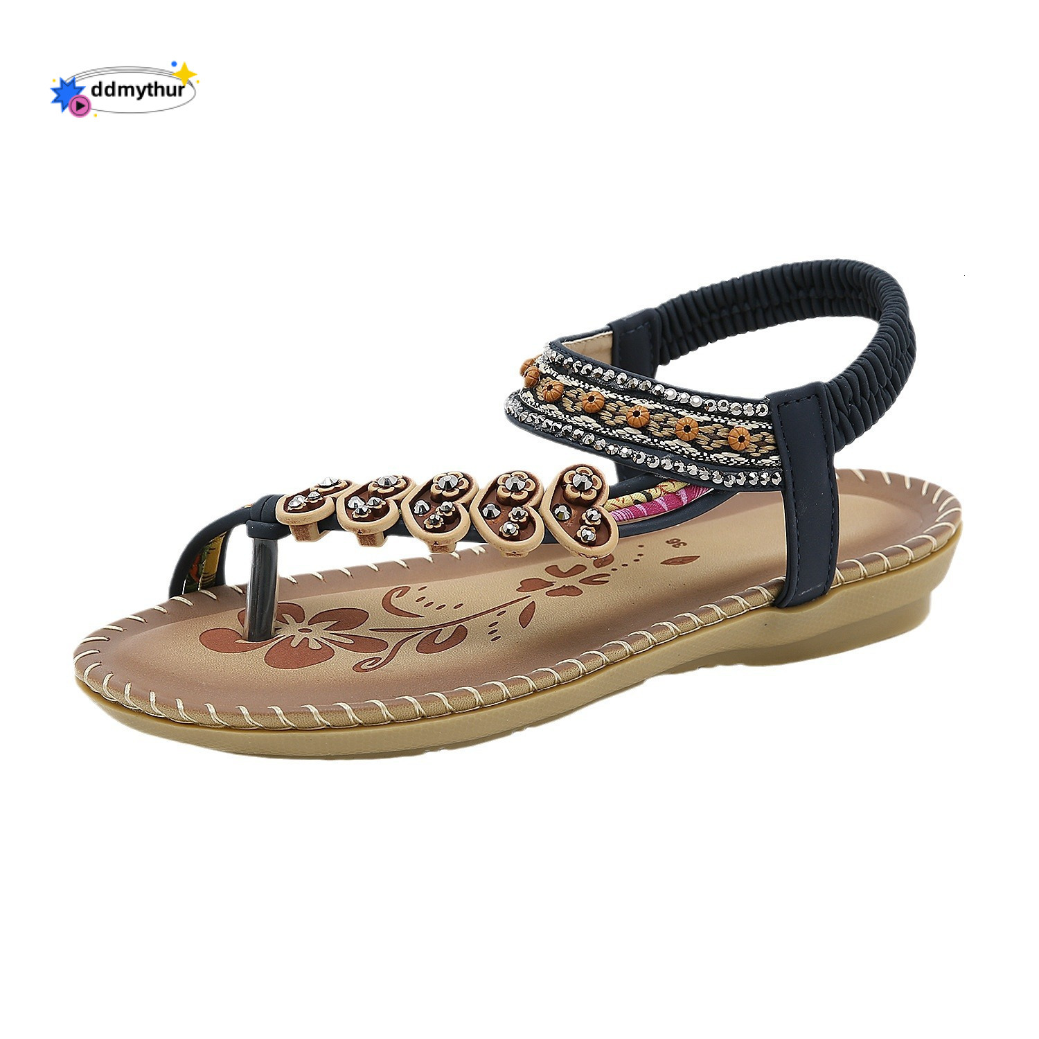 2024 Summer Rhinestone Bohemian Style Women's Ethnic Large Size Slip-On Flat Sandals ddmythur