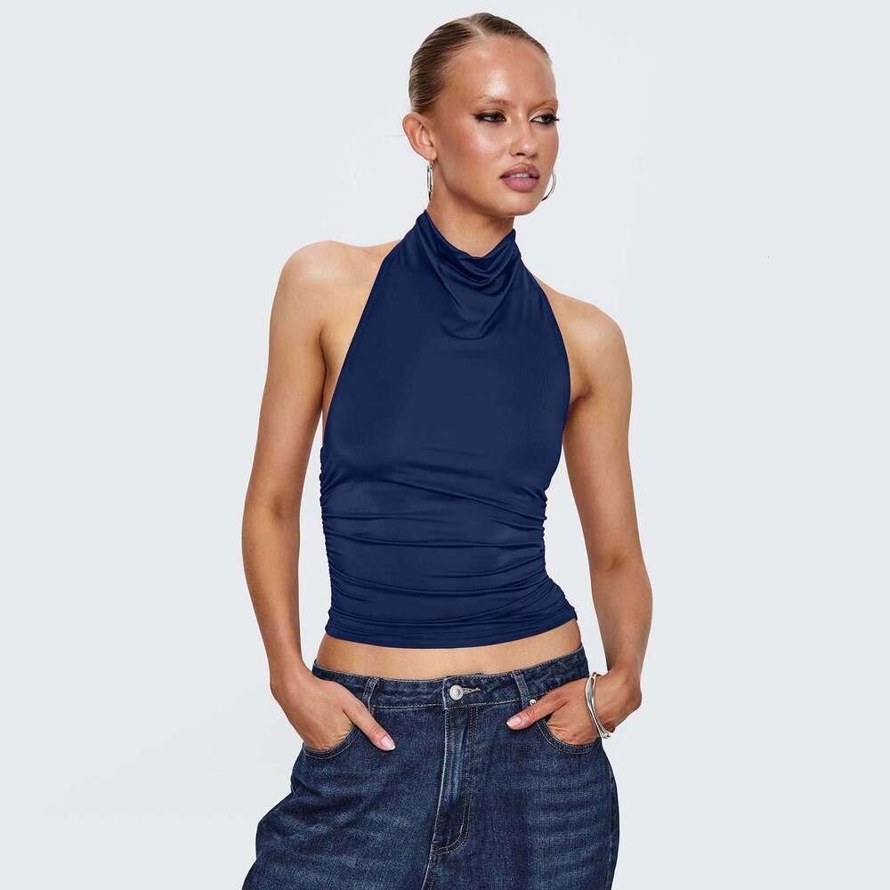 2025 Backless Solid Color Tank Y2K Half High Neck Ruched Halter Women's Sleeveless Top