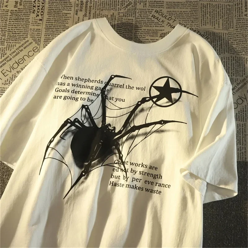 Y2K Korean Streetwear Spider Graphic Designer T shirts Women Harajuku 100% Cotton Aesthetic Round Neck Trendy Short sleeved Top Women's Clothing