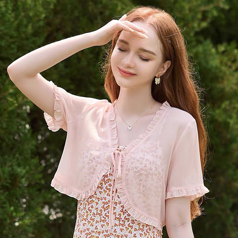 K904 Cardigan thin women's clothes 2025 new chiffon shirt top sling outer wear small shawl summer with skirt