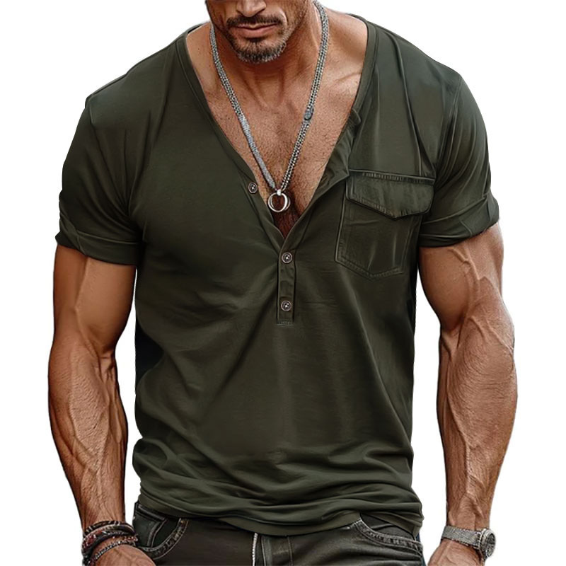 polo shirt Mens Summer Loose Fit Henley Shirt Pocket Short Sleeve T Shirt Deep V Neck t shirt